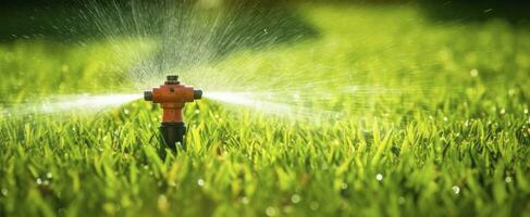 ai generato automatico giardino prato spruzzatore nel azione irrigazione erba. ai generato foto