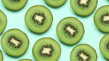 ai generato fette di Kiwi frutta e verde menta le foglie su un' leggero pastello blu sfondo. ai generato foto