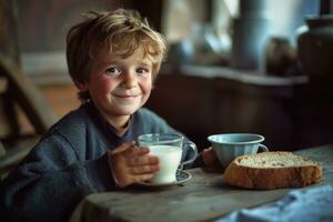 ai generato un' giovane ragazzo con un' tazza di latte e pane foto