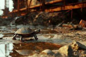 ai generato un' tartaruga è a piedi su sabbia nel il fango foto