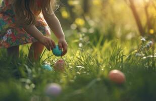 ai generato un' poco ragazza è raccolta su Pasqua uova nel un' erboso la zona foto