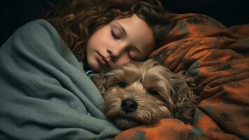 ai generato generativo ai, carino bambino e cane addormentato su accogliente caldo coperta nel il letto, amicizia concetto, hygge stile, smorzato estetico colori foto