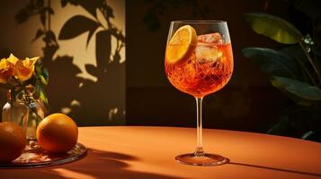 ai generato generativo ai, bicchiere di aperol spritz cocktail su di legno tavolo con sole luci e ombre, estetico ancora vita foto