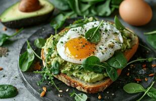 ai generato prima colazione con avocado su crostini con uovo su superiore foto