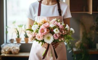 ai generato un' fioraio nel un grembiule con parecchi mazzi di fiori e fiori foto