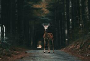 ai generato un' bellissimo cervo sta su il strada nel il foresta foto