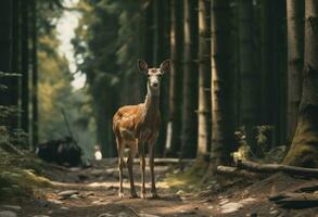 ai generato un' bellissimo cervo sta su il strada nel il foresta foto