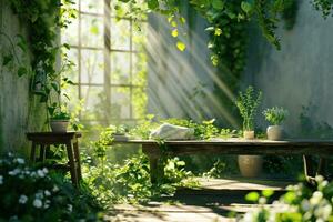 ai generato un' scena con un' tavolo nel un' verde giardino foto