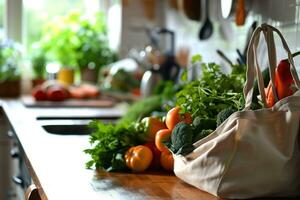 ai generato un' totalizzatore Borsa di verdure si siede su un' cucina contatore foto