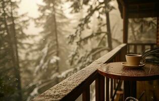 ai generato un' tavolo è foderato con un' caffè tazza impostato su un' balcone prospiciente un' foresta foto