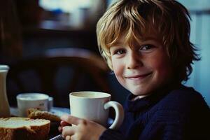 ai generato un' giovane ragazzo con un' tazza di latte e pane foto