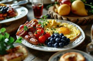 ai generato prima colazione fatto semplice con fresco frutta, mirtilli, uva, frittata foto