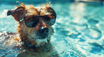 ai generato freddo cane nel piscina con occhiali da sole foto