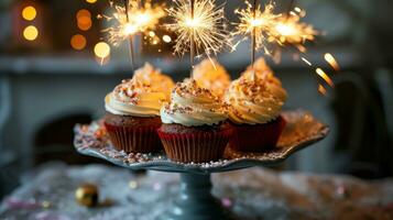 ai generato cupcakes su un' torta In piedi con sparklers foto