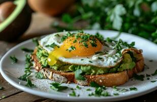 ai generato prima colazione con avocado su crostini con uovo su superiore foto