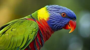 ai generato lato Visualizza avvicinamento di bellissimo e colorato lorikeet verde naped uccello. generativo ai foto