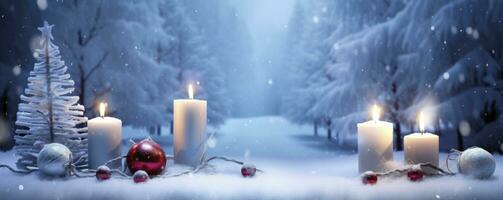 ai generato inverno foresta paesaggio con ardente candele Natale decorazione. ai generato foto