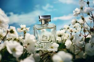 ai generato il bottiglia di profumo è seduta su un' fiore tra bianca fiori foto