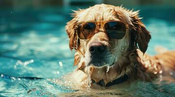 ai generato occhiali da sole gratuito cane nel nuoto piscina foto