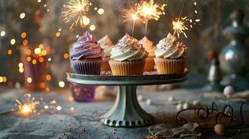 ai generato cupcakes su un' torta In piedi con sparklers foto