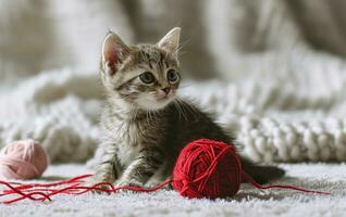 ai generato gattino giocando con un' rosso palla di lana foto