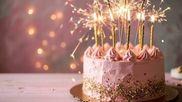 ai generato rosa compleanno torta con oro candele e sparklers celebrare foto