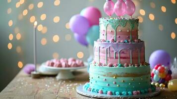 ai generato stanco compleanno torta con festivo Palloncino decorazioni foto