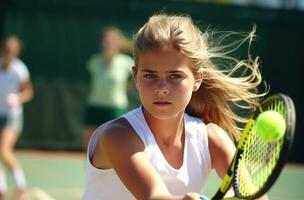 ai generato giocatore di tennis pronto per colpire il palla durante tennis incontro donna foto