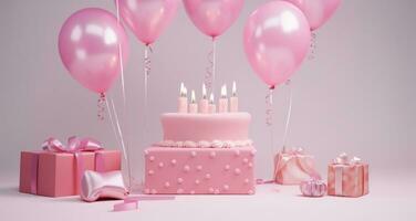 ai generato rosa compleanno torta su il rosa sfondo, foto