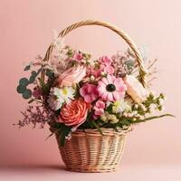 ai generato un' meravigliosamente disposte mazzo di primavera fiori nel un' cestino su un' pastello rosa foto
