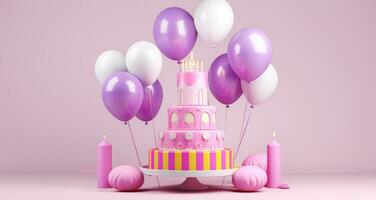ai generato il compleanno torta è seduta Il prossimo per bella rosa e bianca palloncini foto
