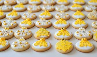 ai generato zucchero, biscotto decorazioni con piccolo giallo decorazioni foto