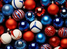 ai generato il Immagine è di un' modello di vario Natale decorazioni, rosso e blu, foto