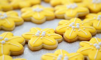 ai generato zucchero, biscotto decorazioni con piccolo giallo decorazioni foto