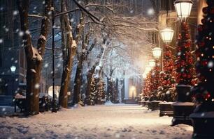 ai generato il neve, luci e Natale scene foto