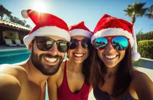 ai generato tre amici assunzione selfie con Santa cappelli, foto