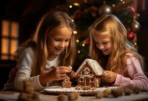 ai generato Due giovane ragazze decorazione un' Pan di zenzero Casa a il Natale foto
