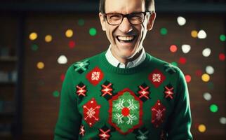 ai generato brutto Natale maglione con uomo sorridente, foto