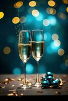 ai generato Champagne bicchieri siamo mostrato su il tavolo nel davanti di un' colorato sfondo, foto