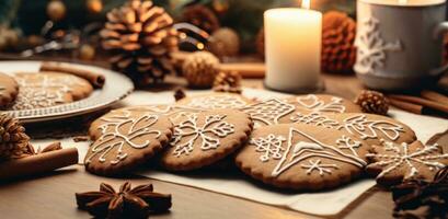 ai generato biscotti su un' tavolo con parola vacanza e parole quello leggere Natale biscotti, foto