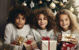 ai generato bambini Tenere regali con Natale Natale ornamenti foto