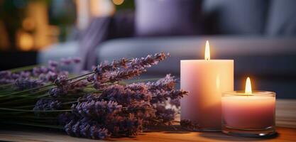 ai generato un' candela con lavanda fiori Il prossimo per un' divano foto