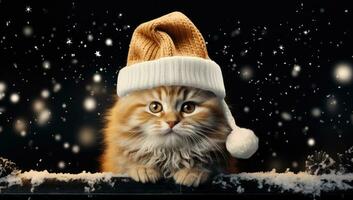 ai generato un' gatto è indossare un' Santa cappello nel un' nevoso inverno foto