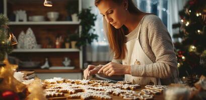 ai generato signora decorazione Natale biscotti per sua famiglia, foto