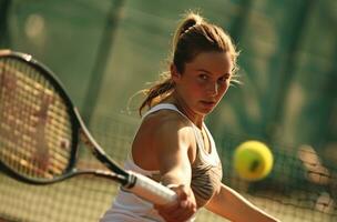 ai generato giocatore di tennis pronto per colpire il palla durante tennis incontro donna foto