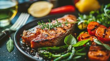 ai generato bistecca con verdure e grigliato salmone su un' buio tavolo foto