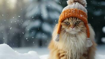 ai generato un' gatto è indossare un' Santa cappello nel un' nevoso inverno foto