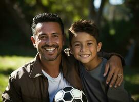 ai generato un' uomo e figlio rannicchiato insieme Tenere un' calcio palla foto