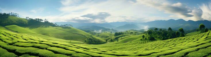 ai generato un' bellissimo scenario di verde colline e tè i campi foto