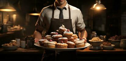 ai generato un' Cameriere è Tenere parecchi piatti con pasticcini e un' tazza di caffè foto